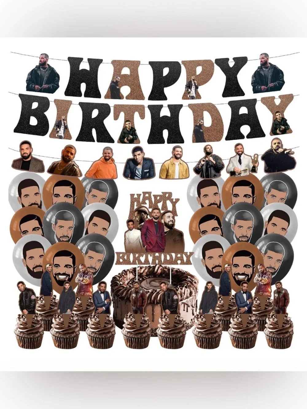 🖍️ Drake-Themed Happy Birthday Party Decoration Kit - Black & Brown